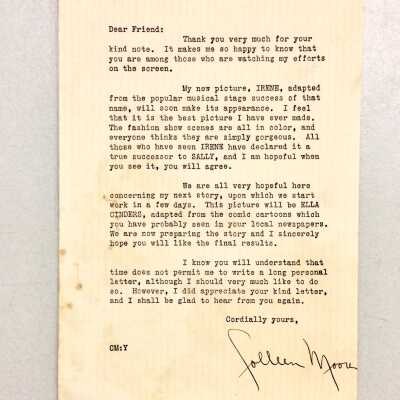 Letter to Bunny Fergus about Colleen Moore's movie 'Irene', c. 1920s