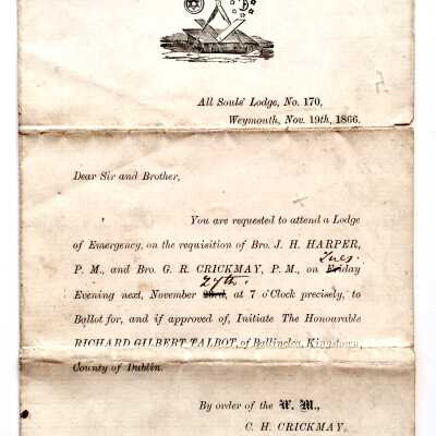 Invitation request of Captain F. J. Hunt for lodge meeting in Weymouth, England, 1866
