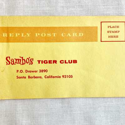 Enrollment postcard for Sambo's restaurant's Tiger Club, 1970s