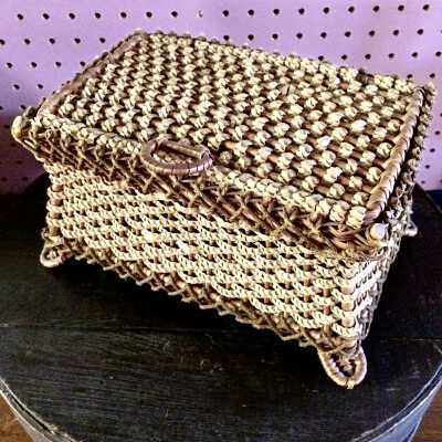 Rectangular two-color wicker sewing basket of Maude Fenn, c. 1900
