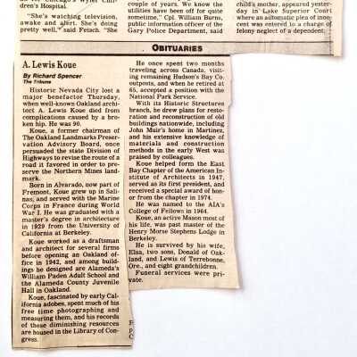 Clipping of obituary of A. Lewis Kaoe, designer of Paden School, 1988