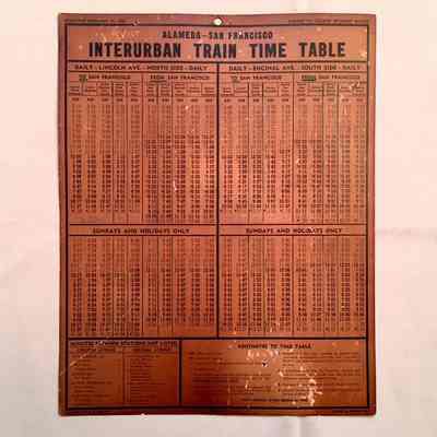 Interurban Train Time Table, Alameda - San Francisco, 1940