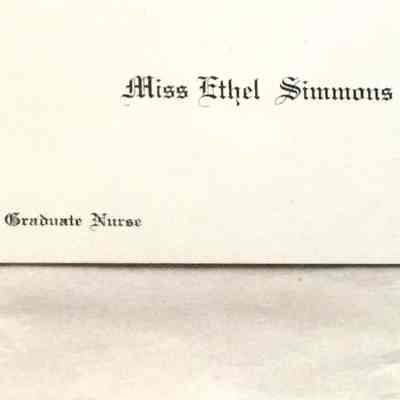 Calling Card Miss Ethel Simmons, Graduate Nurse, c. 1911