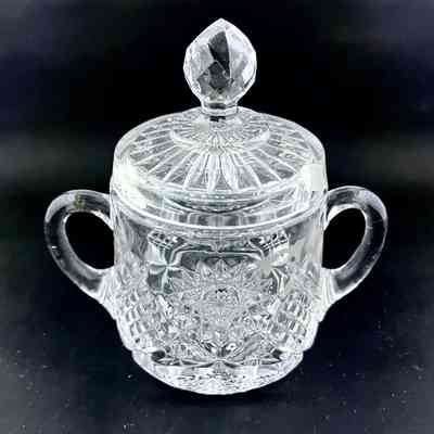 Double handled clear glass mustard jar, early 1900s