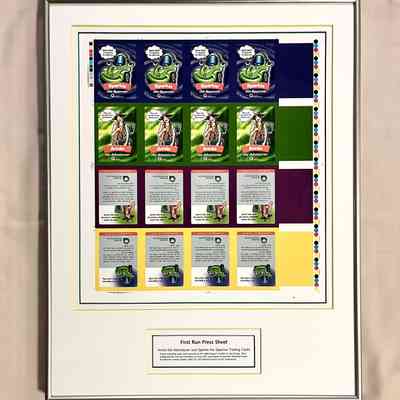 Framed printer sheets of advertising golf trading cards, 2002