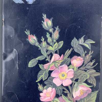 Oil painting of pink flowers on tin, by Alice Chipman, c. 1890s