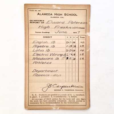 Report Card, Alameda High School, for Elward Paterson, 1917