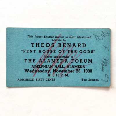 Admission ticket to lecture 'Penthouse of the Gods' at the Adelphian Club, 1938