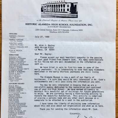 Historical biographical information about Frederick Cook, 1989