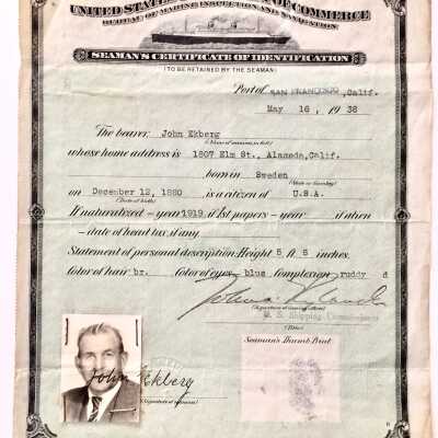 Seaman's Certificate of Identification of John Ekberg, 1938
