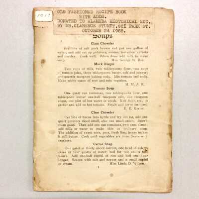 Soups - recipe booklet or section, early 1900s