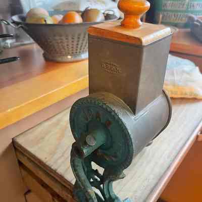 Turquoise painted Cast Iron and Galvanized Metal Grinder with Gold accents, c. 1910-1920