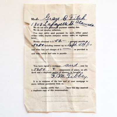 Loan contract for $50 of Mrs. Grace B. Fitch, 1910