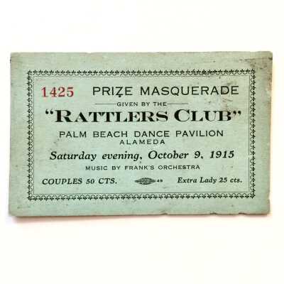 Ticket Prize Masquerade Rattlers Club, Palm Beach Dance Pavillion, 1915