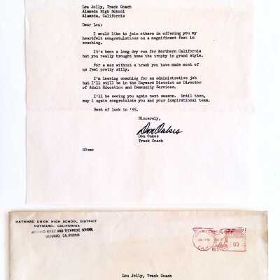 Envelope with congratulatory letter from Hayward High School, 1954