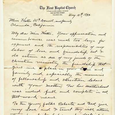 Letter to Miss Hattie McDonell and family, 1924