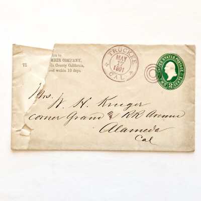 Envelope sent by Mr. Kruger, from Truckee, to Mrs Kruger, c. 1891