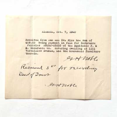 Receipt insurance payment 1121 Versailles, signed Geo. H. Noble, 1940