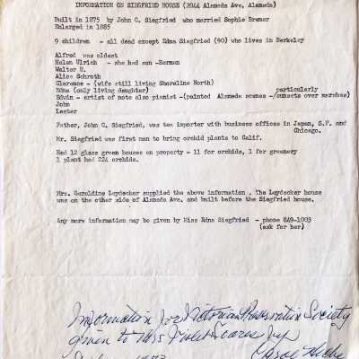 Typed history 'Information on Siegfried House', 2044 Alameda Ave, 1973