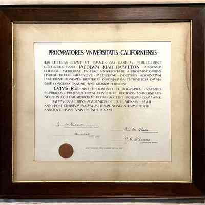 UC Berkeley School of Medicine Certificate of J.K. Hamilton Jr., 1936