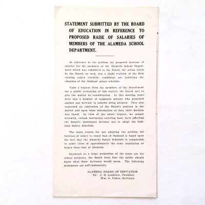 Pamphlet comparing teachers' wages in Oakland and Alameda, 1925-1926