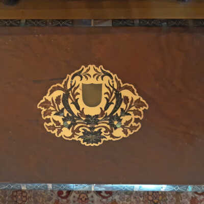 Walnut lapdesk with floral mother of pearl inlay and plush interior, c. 1885