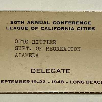Delegation badge of Otto Rittler for the 50th conference of league of California cities, 1948