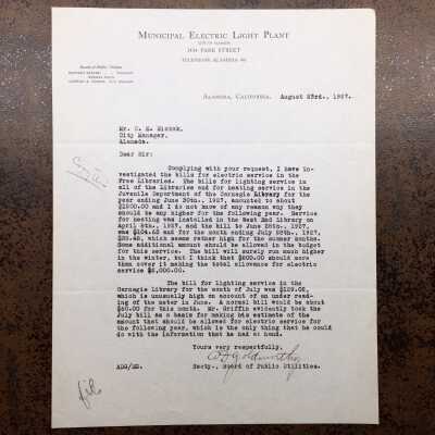 Letter about Bills for lighting Children's Department of the Carnegie Library, 1927
