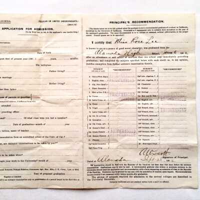 Admission form for University of California, for Roselee Lee, 1902