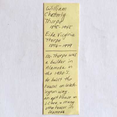 Handwritten information on William C. Thorpe, builder, c. 1999