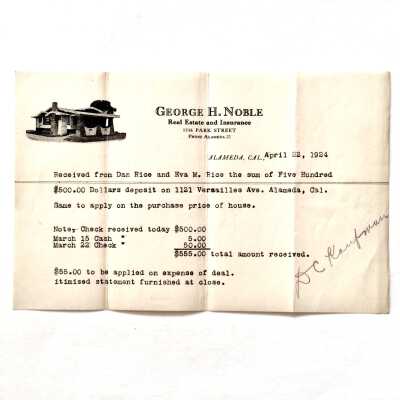 Receipt George Noble for deposit 1121 Versailles Ave, Dan & Eva Rice, 1924