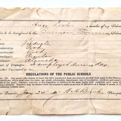 School transfer form for Hugo Lobber, c. 1895