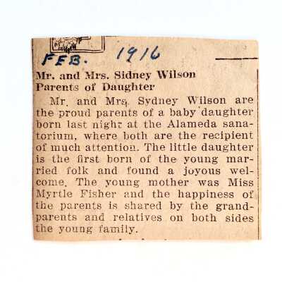 Clipping 'Mr. and Mrs. Sidney Wilson' about birth of a daughter, 1916