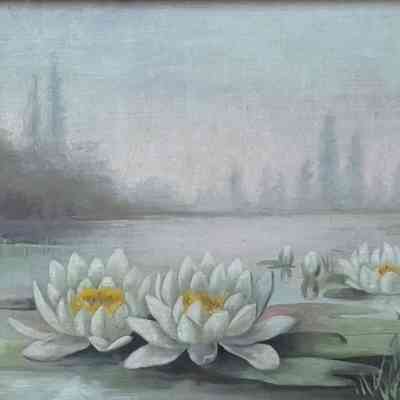 Oil painting pond and lilies by Bertha Meyers (May), c. 1890