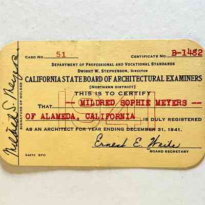 Board of Architect Examiners membership card for Mildred S. Meyers, 1941