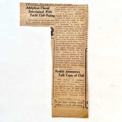 Clipping 'Adelphian Choral entertain with Yacht Club Outing', c. 1920s