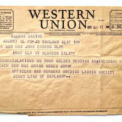 Telegram congratulating Mr. and Mrs. Ekberg on their anniversary, 1955