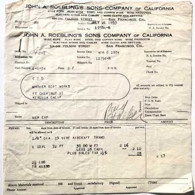 Receipts from John A. Roebling’s Sons Co. for Marker Boat Works, 1933-1934