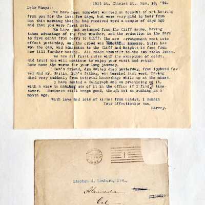Letter and envelope from Harvey Lamborn to Stephen Lamborn, 1894