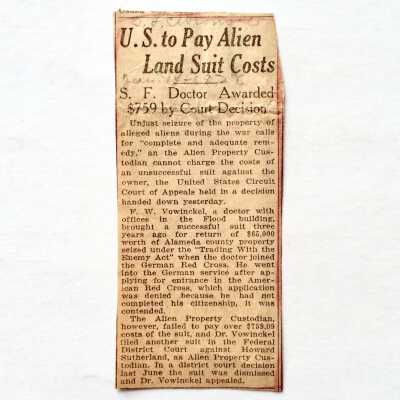 Clipping, 'U.S. to pay Alien Land Suit Costs', 1938