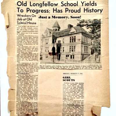 Newspaper Clipping describing demolition Longfellow School, 1940