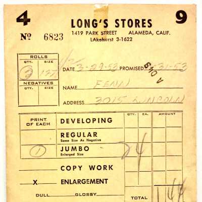 Photo development envelope from Longs Stores, 1953