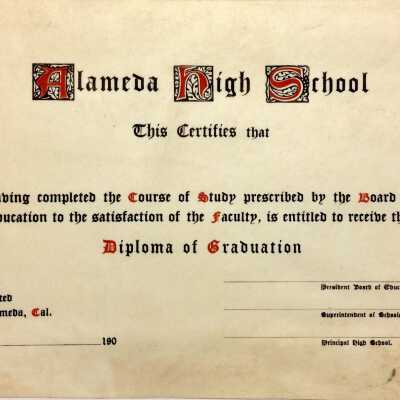 Sample Alameda High School Diploma from the 1902 Cornerstone box