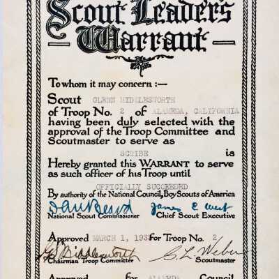 Boy Scout Leader's Warrant Award, Rank of Scribe to Glenn Middlesworth, 1933