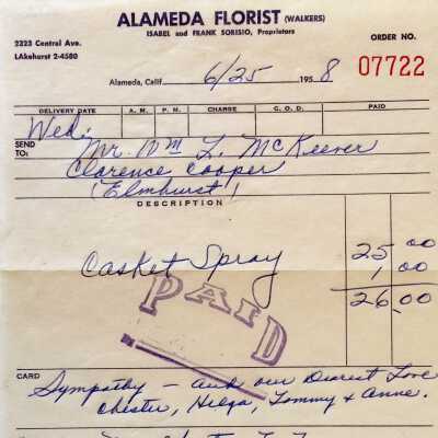 Receipt from Alameda Florist Shop, 2323 Central Ave., 1958