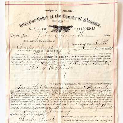 Certificate of Naturalization issued to Charles Beuck, 1894