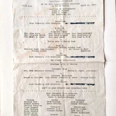 Event Program Boys Community Club Orchestra, Porter School, 1923