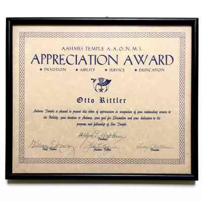 AAHMES Temple of Shriners Appreciation Award certificate of Otto Rittler