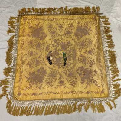 Silk Parlor table cloth with embroidery and gold silk fringe, early 1900s