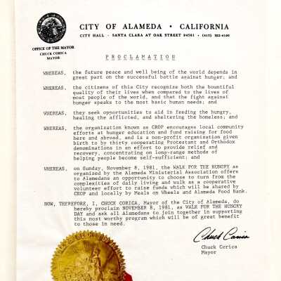 Proclamation for Walk for the Hungry, by Chuck Corica, Mayor, 1981